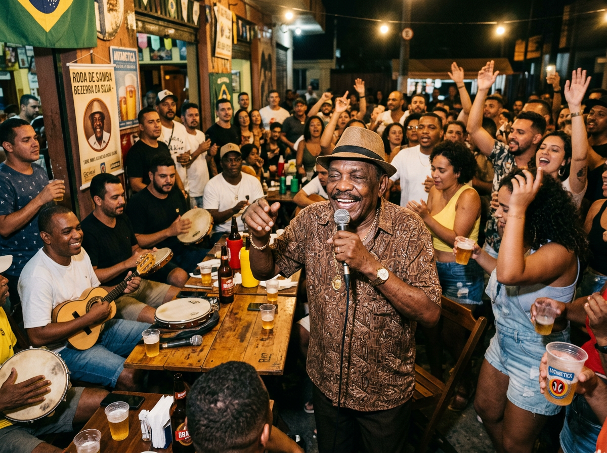 Singer performs samba with musicians and cheering crowd at a busy bar