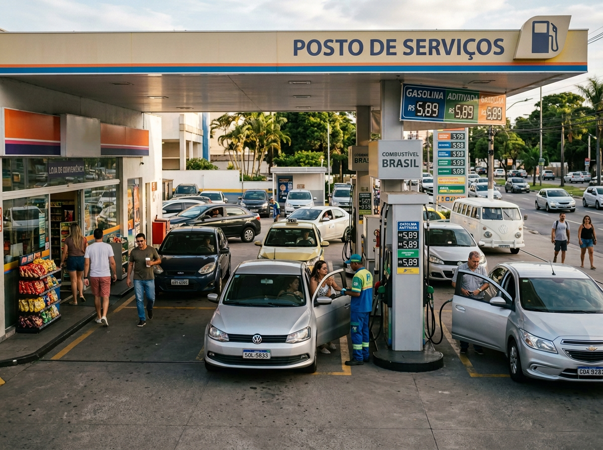 Busy Posto Ipiranga gas station with cars, customers, fuel pumps, and price signs