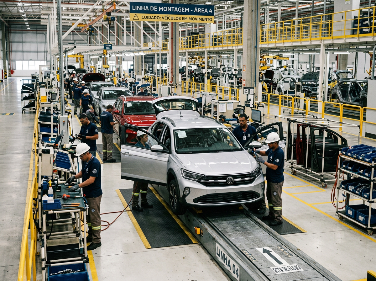Workers assembling Volkswagen cars on an automotive factory production line