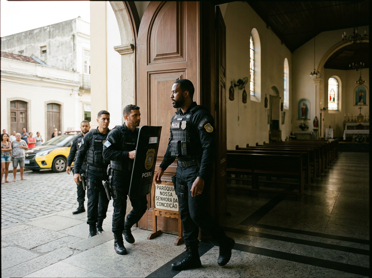 Four police officers enter a church beside a sign reading “PARÓQUIA NOSSA SENHORA DA CONCEIÇÃO.”